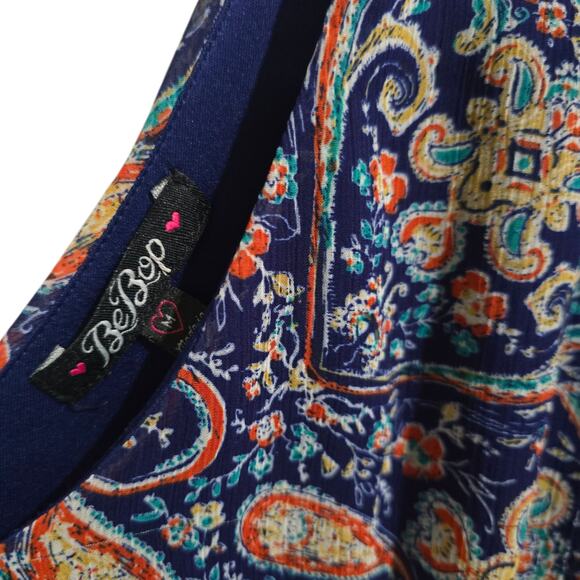 BeBop Women’s Navy Paisley Boho Chiffon Lined Mini Dress – Size Medium - Picture 4 of 9